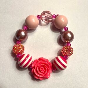 Hand made pink bubble beaded bracelet with rose accent and pink pearls